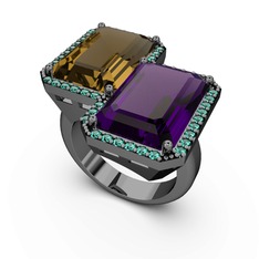 Avis Yüzük - Dumanlı kuvars, ametist ve yeşil kuvars 925 ayar siyah rodyum kaplama gümüş yüzük #efqayz