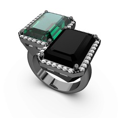 Avis Yüzük - Yeşil kuvars, siyah zirkon ve swarovski 925 ayar siyah rodyum kaplama gümüş yüzük #eqjw1