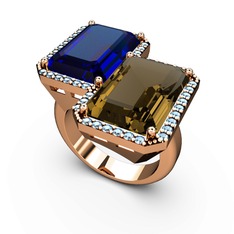 Lab safir, dumanlı kuvars ve akuamarin 18 ayar rose altın yüzük