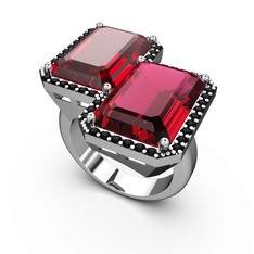 Garnet, rodolit garnet ve siyah zirkon 14 ayar beyaz altın yüzük