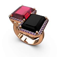 Rodolit garnet, siyah zirkon ve ametist 925 ayar rose altın kaplama gümüş yüzük