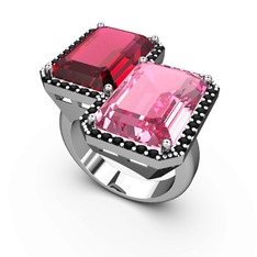 Rodolit garnet, pembe kuvars ve siyah zirkon 18 ayar beyaz altın yüzük