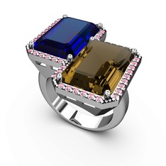 Avis Yüzük - Lab safir, dumanlı kuvars ve pembe kuvars 14 ayar beyaz altın yüzük #i801ah