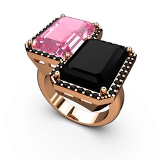 Pembe kuvars ve siyah zirkon 8 ayar rose altın yüzük