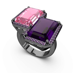 Avis Yüzük - Pembe kuvars ve ametist 925 ayar siyah rodyum kaplama gümüş yüzük #j59ig7