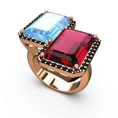Akuamarin, rodolit garnet ve siyah zirkon 14 ayar rose altın yüzük