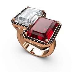 Beyaz zirkon, garnet ve siyah zirkon 14 ayar rose altın yüzük
