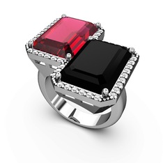 Avis Yüzük - Rodolit garnet, siyah zirkon ve swarovski 14 ayar beyaz altın yüzük #m5fagb