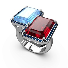 Akuamarin, garnet ve lab safir 18 ayar beyaz altın yüzük