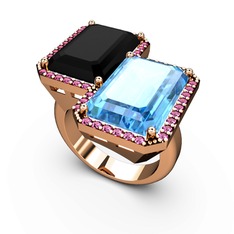 Siyah zirkon, akuamarin ve rodolit garnet 14 ayar rose altın yüzük