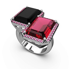 Siyah zirkon ve rodolit garnet 8 ayar beyaz altın yüzük