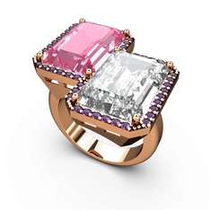 Pembe kuvars, beyaz zirkon ve ametist 925 ayar rose altın kaplama gümüş yüzük