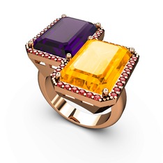 Ametist, sitrin ve garnet 925 ayar rose altın kaplama gümüş yüzük