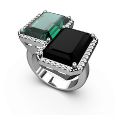 Yeşil kuvars, siyah zirkon ve swarovski 18 ayar beyaz altın yüzük