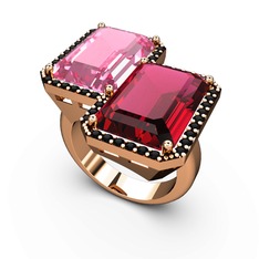 Pembe kuvars, rodolit garnet ve siyah zirkon 8 ayar rose altın yüzük