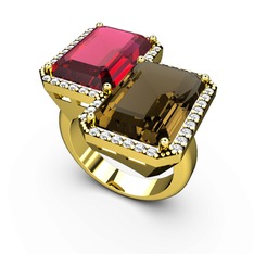 Rodolit garnet, dumanlı kuvars ve swarovski 18 ayar altın yüzük