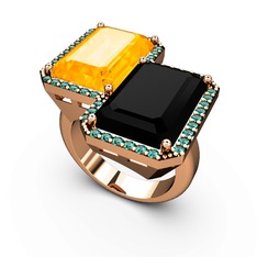 Sitrin, siyah zirkon ve yeşil kuvars 8 ayar rose altın yüzük