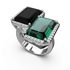 Siyah zirkon, yeşil kuvars ve swarovski 8 ayar beyaz altın yüzük
