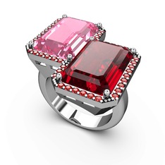 Pembe kuvars ve garnet 18 ayar beyaz altın yüzük