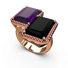 Ametist, siyah zirkon ve garnet 8 ayar rose altın yüzük