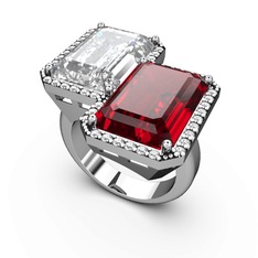 Beyaz zirkon, garnet ve swarovski 8 ayar beyaz altın yüzük