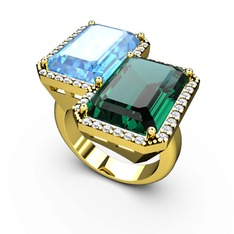 Akuamarin, yeşil kuvars ve swarovski 8 ayar altın yüzük