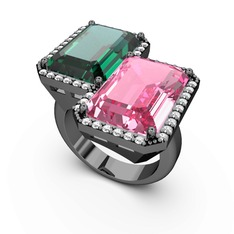 Avis Yüzük - Yeşil kuvars, pembe kuvars ve swarovski 925 ayar siyah rodyum kaplama gümüş yüzük #wqtww7