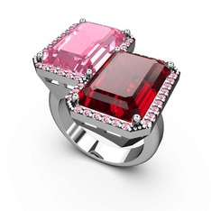Pembe kuvars ve garnet 14 ayar beyaz altın yüzük