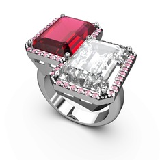 Rodolit garnet, beyaz zirkon ve pembe kuvars 8 ayar beyaz altın yüzük