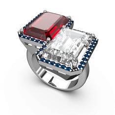 Garnet, beyaz zirkon ve lab safir 18 ayar beyaz altın yüzük