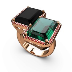 Siyah zirkon, yeşil kuvars ve garnet 18 ayar rose altın yüzük