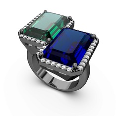 Avis Yüzük - Yeşil kuvars, lab safir ve swarovski 925 ayar siyah rodyum kaplama gümüş yüzük #xozfbn