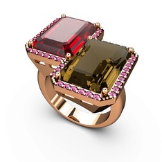 Garnet, dumanlı kuvars ve rodolit garnet 14 ayar rose altın yüzük