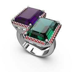 Ametist, yeşil kuvars ve garnet 18 ayar beyaz altın yüzük