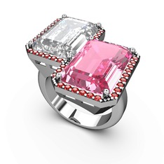 Beyaz zirkon, pembe kuvars ve garnet 14 ayar beyaz altın yüzük