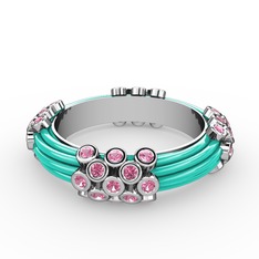 Delissa Yüzük - Pembe kuvars 14 ayar beyaz altın yüzük (Turkuaz mineli) #1ivvxfc