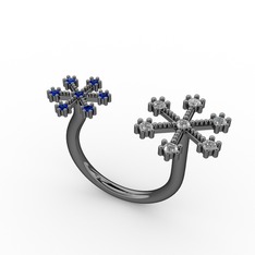 Kar Tanesi Yüzük - Swarovski ve lab safir 925 ayar siyah rodyum kaplama gümüş yüzük #122tuwa