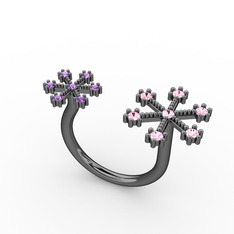 Kar Tanesi Yüzük - Pembe kuvars ve ametist 925 ayar siyah rodyum kaplama gümüş yüzük #1l0jq6r