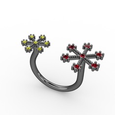 Kar Tanesi Yüzük - Garnet ve peridot 925 ayar siyah rodyum kaplama gümüş yüzük #1m2bixh