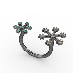 Kar Tanesi Yüzük - Dumanlı kuvars ve yeşil kuvars 925 ayar siyah rodyum kaplama gümüş yüzük #1n4stra