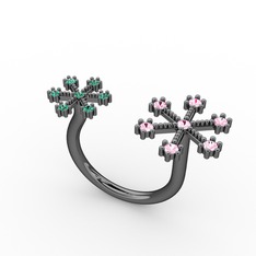 Kar Tanesi Yüzük - Pembe kuvars ve yeşil kuvars 925 ayar siyah rodyum kaplama gümüş yüzük #1swz0f4