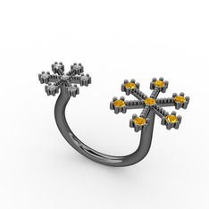 Kar Tanesi Yüzük - Sitrin ve beyaz zirkon 925 ayar siyah rodyum kaplama gümüş yüzük #1wmnrf7