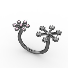 Kar Tanesi Yüzük - Beyaz zirkon ve pembe kuvars 925 ayar siyah rodyum kaplama gümüş yüzük #1wruqcv