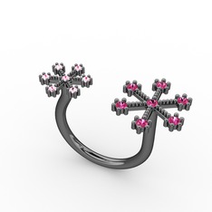 Kar Tanesi Yüzük - Rodolit garnet ve pembe kuvars 925 ayar siyah rodyum kaplama gümüş yüzük #6truga
