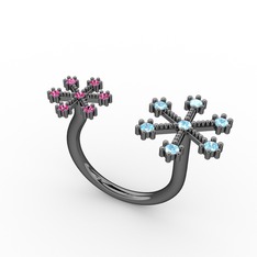 Kar Tanesi Yüzük - Akuamarin ve rodolit garnet 925 ayar siyah rodyum kaplama gümüş yüzük #7ulkjm