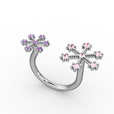 Kar Tanesi Yüzük - Pembe kuvars ve ametist 8 ayar beyaz altın yüzük #bv75g4