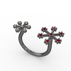 Kar Tanesi Yüzük - Garnet ve dumanlı kuvars 925 ayar siyah rodyum kaplama gümüş yüzük #jix4l