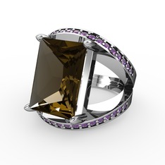 Reyala Yüzük - Dumanlı kuvars ve ametist 14 ayar beyaz altın yüzük #15bppmq