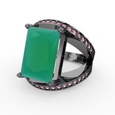 Reyala Yüzük - Kök zümrüt ve pembe kuvars 925 ayar siyah rodyum kaplama gümüş yüzük #1b21i16