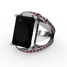 Siyah zirkon ve garnet 14 ayar beyaz altın yüzük